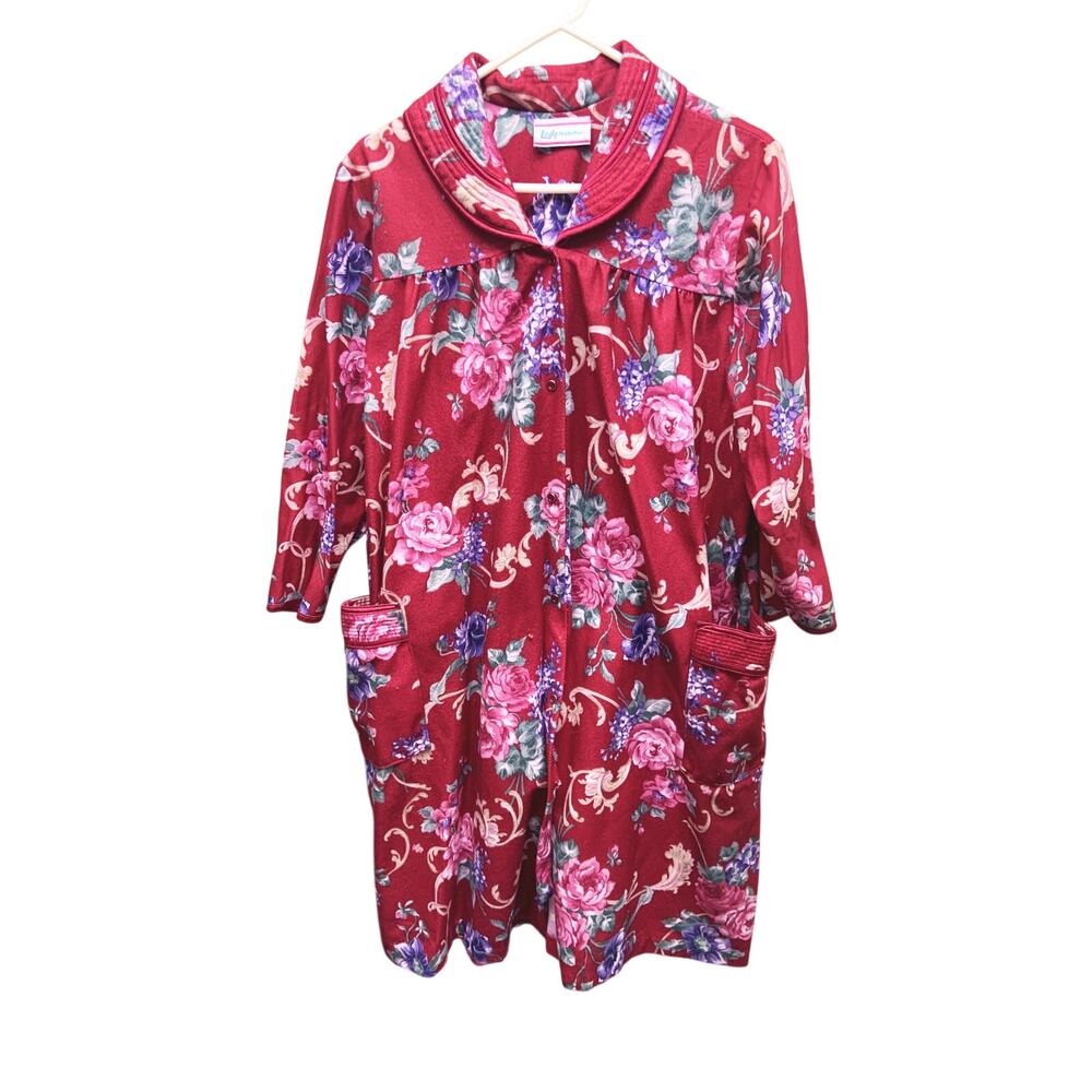 Vintage 70s Lady Manhattan Snap Front Cabbage Rose Fleece Robe Size XL